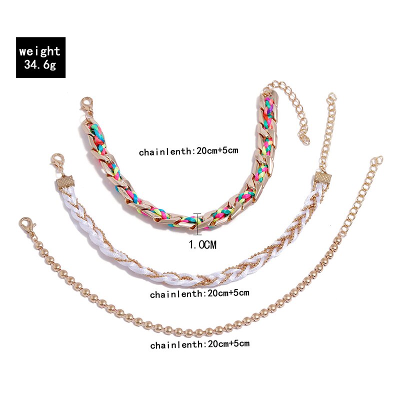 3 Pcs/Set Women Colorful Braided Leather Anklets Set By Chain Gold Bead Multilayer Adjustable Anklet for Women Beach Jewelry