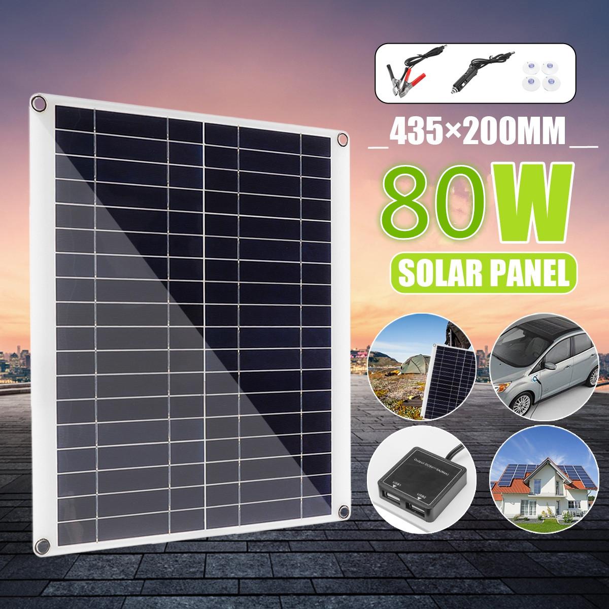 80W 18V Solar Panel Dual USB Output DC 5V-3A Solar Cells Poly Solar Panel for Car Yacht Battery Boat Charger with Battery Clip