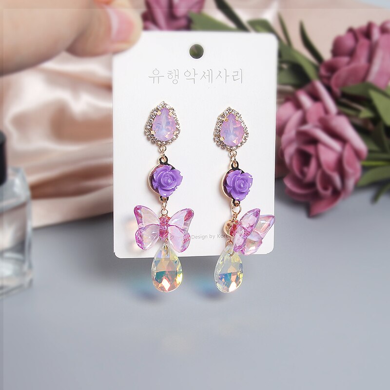 MWSONYA Korea Trendy Purple Butterfly Flowers Acrylic Pendant Earrings Crystal Water Drops Earrings for Women Earrings