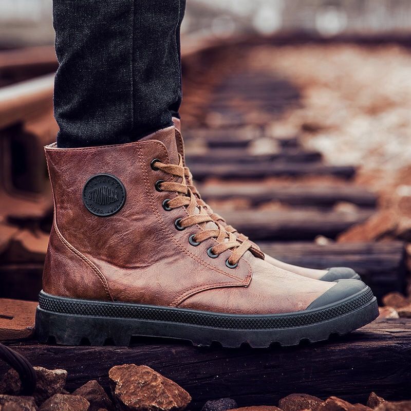 Waterdichte heren leren laarzen warme casual heren tooling laarzen katoenen hoge leren heren platte martin laarzen: Bruin / 8.5