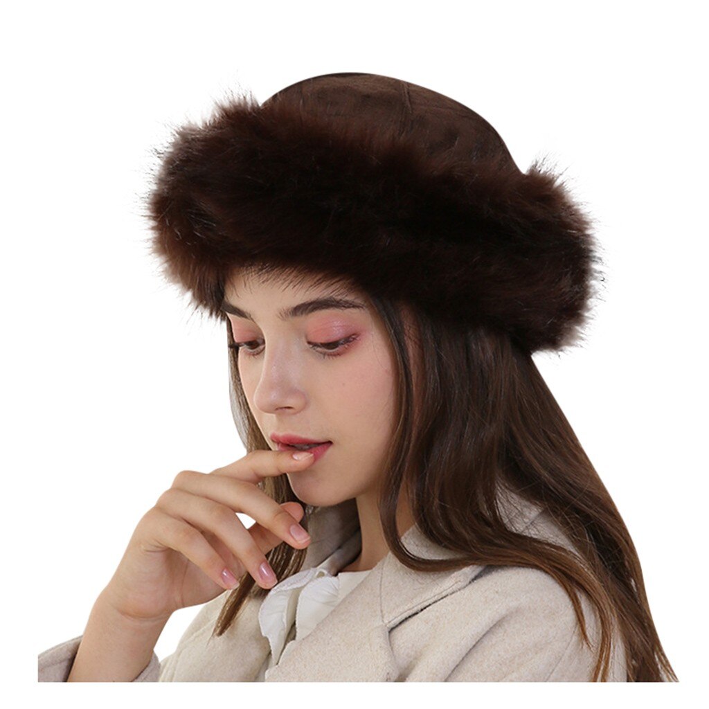 Winter Faux Fur Hats Women Winter Mongolian Russian Outdoor Hat Solid Thick Warm Solid Earmuffs Woollen Hat: Coffee 