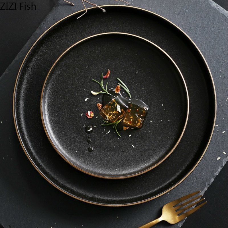 Guldkant rund keramisk tallerken fad sort porcelænsservice western-stil middagsretter og tallerkener salat bøf frugt tallerken