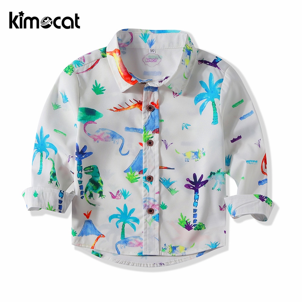Kimocat para bebé niño ropa otoño primavera niños camisa de manga larga guapo estampado de dinosaurio niños de algodón Casual camisas de algodón sólido