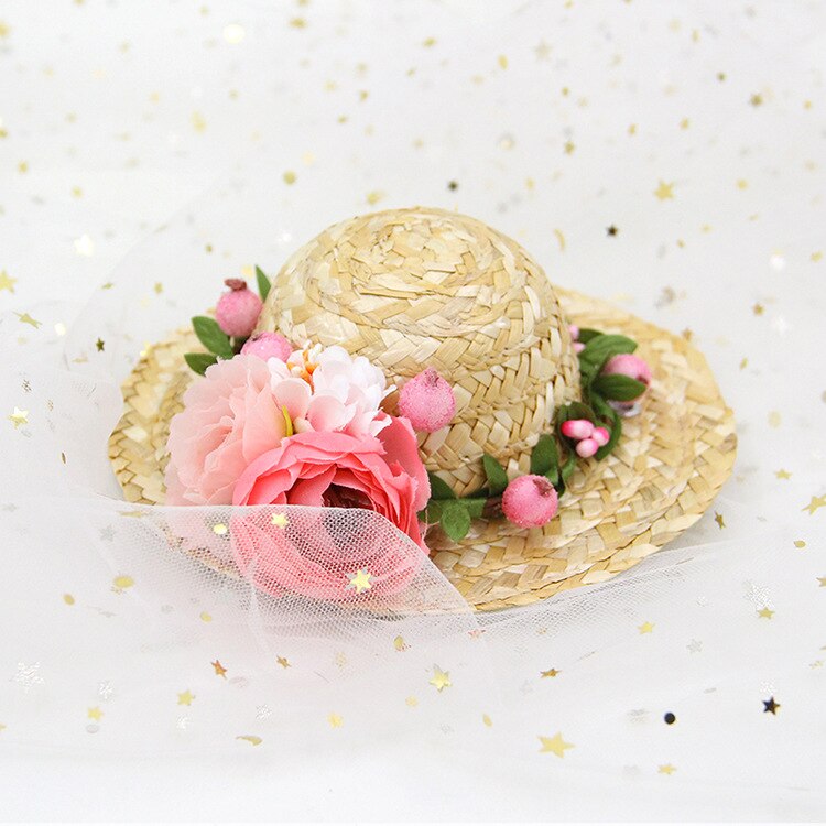 Chapeau d'été pour chien, petit et moyen gabarit, Style hawaïen, chat drôle, décoration en bambou libellule, paille tressée, fournitures pour animaux de compagnie: pink flower / out diameter 14cm