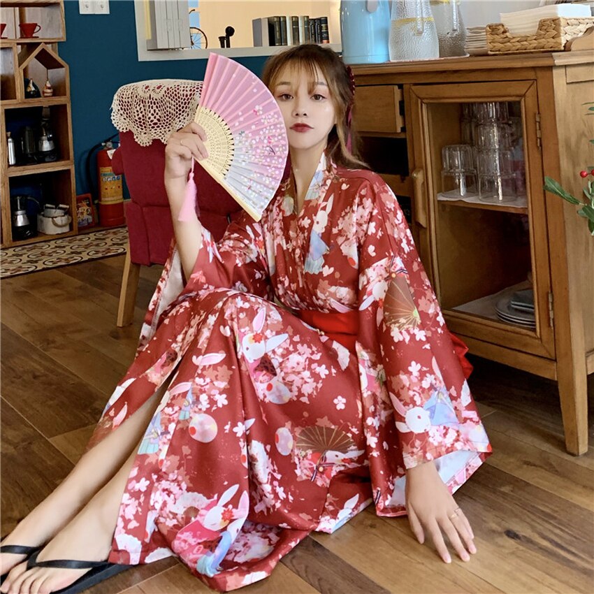Vestido Kimono tradicional para mujer, manga larga, estilo japonés, Vintage, Yukata con cinturón, Kawaii, Furisode Performance