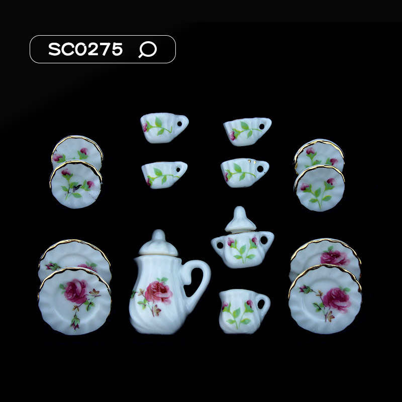 15Pcs 1/12 Dollhouse Miniature Accessories Mini Ceramics Tea Set Simulation Kettle Plate Cup Model Toys Doll House Decoration: Pink
