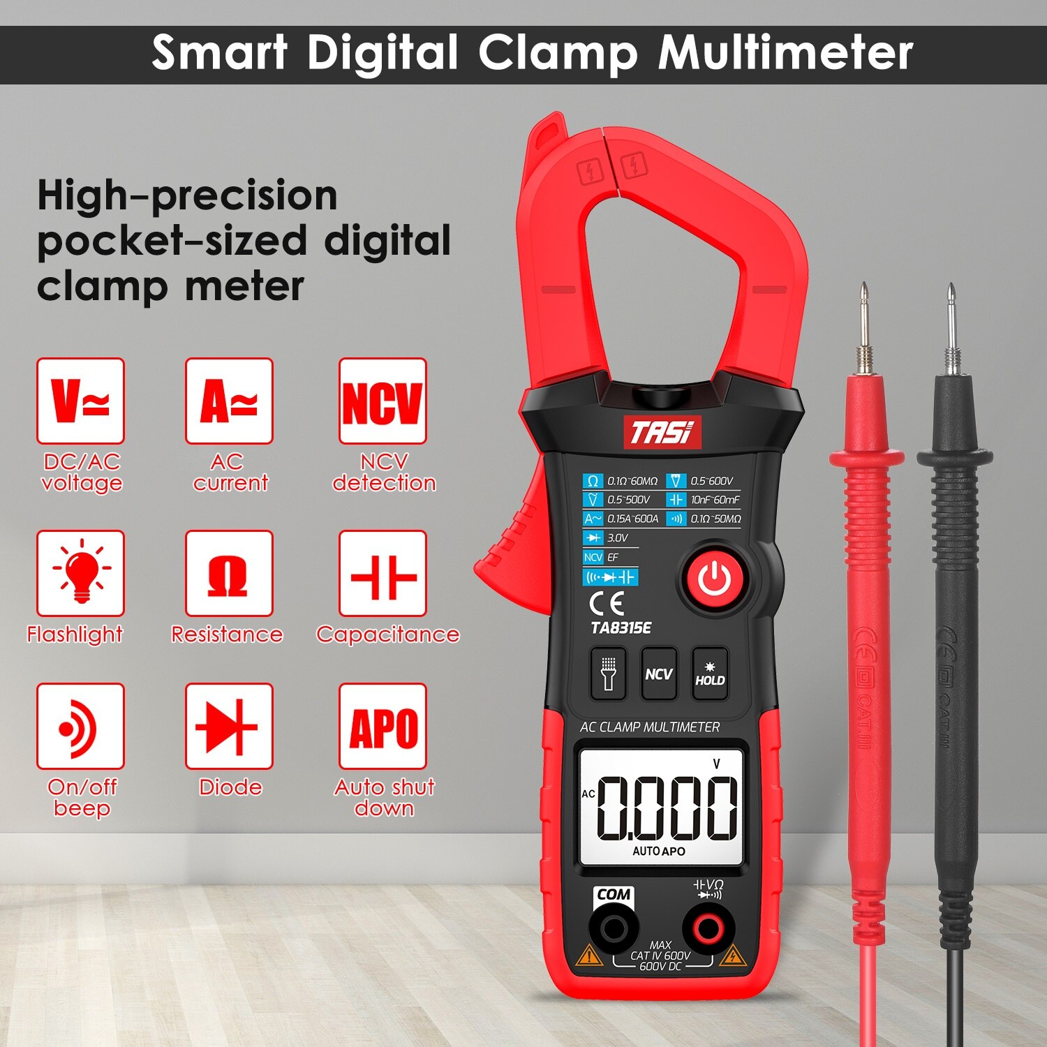TASI TA8315A Digital Clamp Meter Multimeter Tester True RMS Multimeter Tester OHM NCV DC/AC Voltage Meter: TA8315E