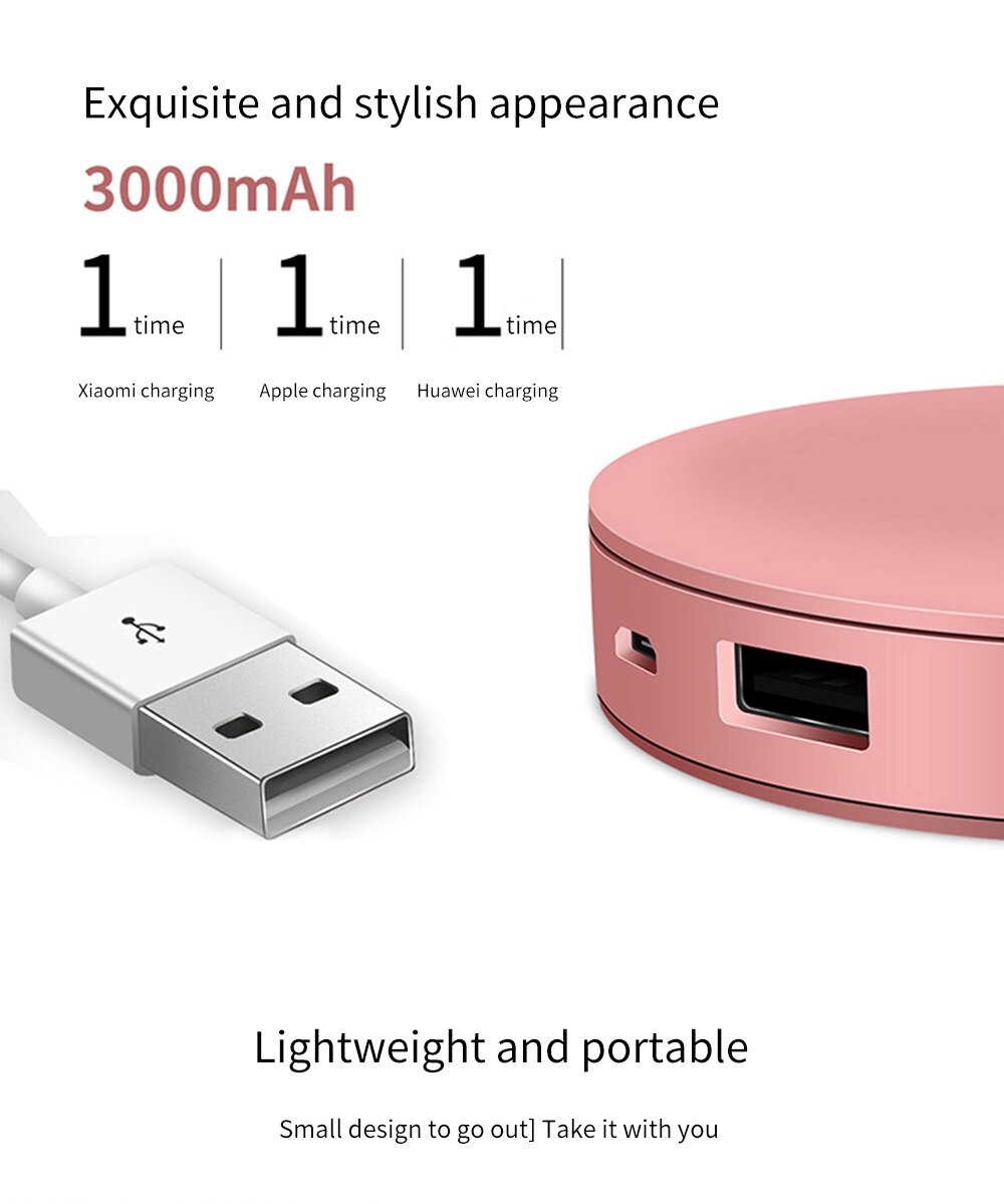 Mini portátil redondo HD maquillaje espejo Power Bank LED espejo de belleza plegable USB recargable viaje maquillaje herramientas cosméticos espejos