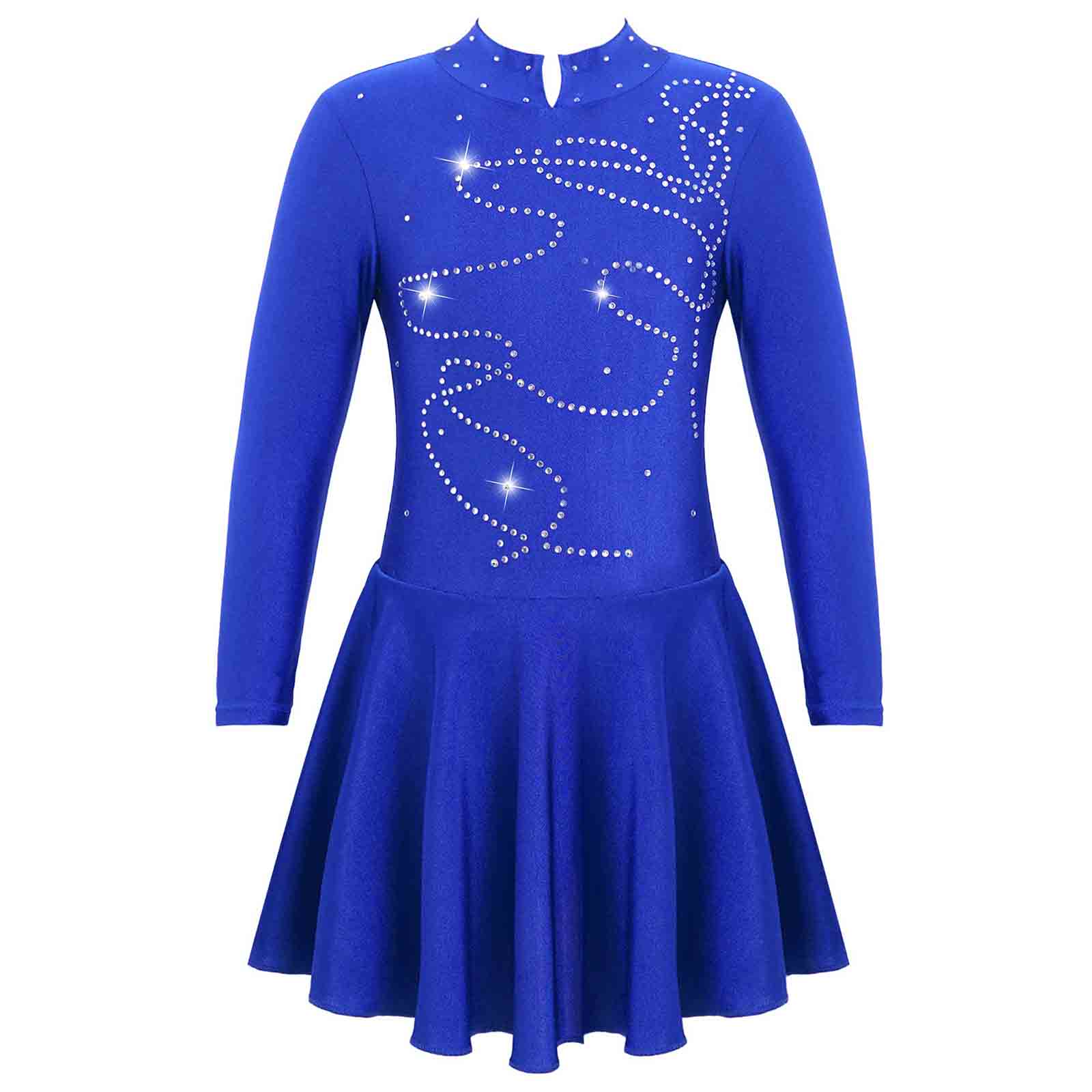 Girls Shiny Figure Ice Skating Dress Sparkling Rhinestone Long Sleeve Dress Ballroom Dance Wear Ice Skating Competition Costume