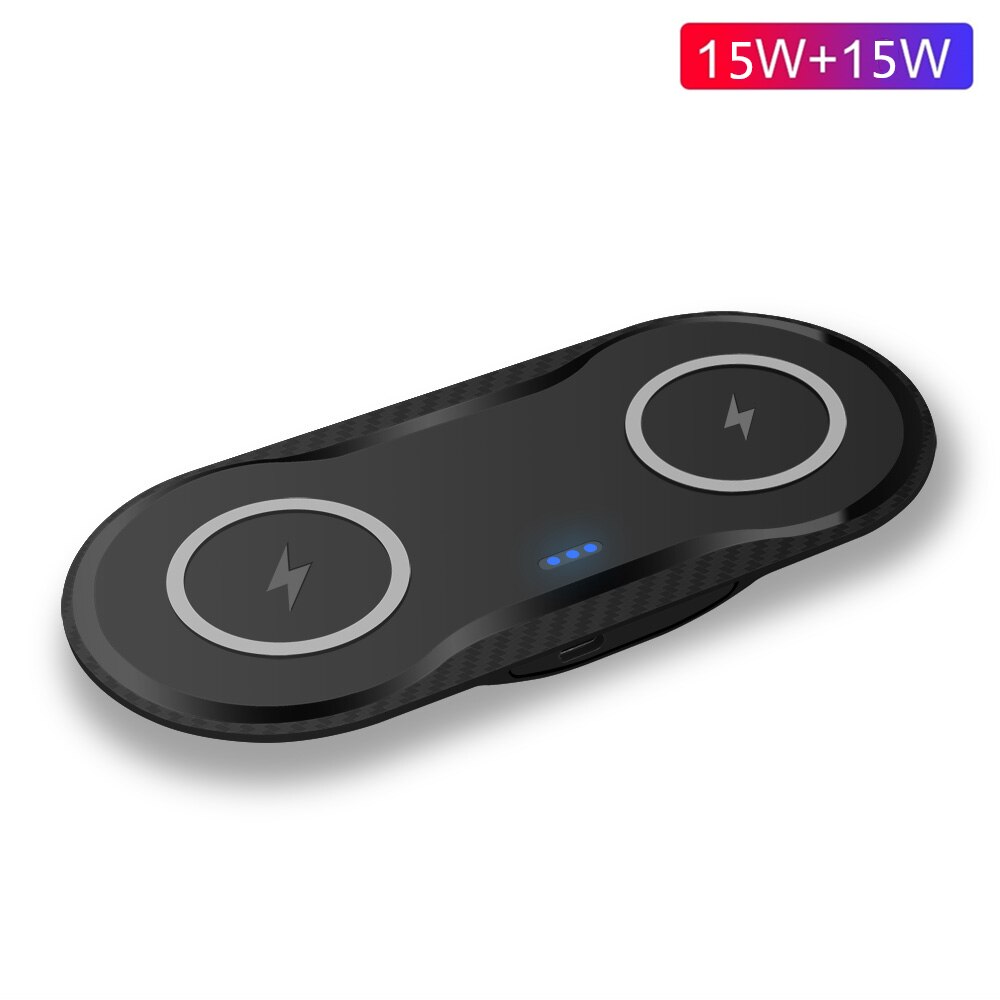 30W Dual Wireless Charger - 2-in-1 Fast Charging Dock for iPhone 12-8, Samsung S20-S9 - Dual 15W Pad: Dual 15W Black