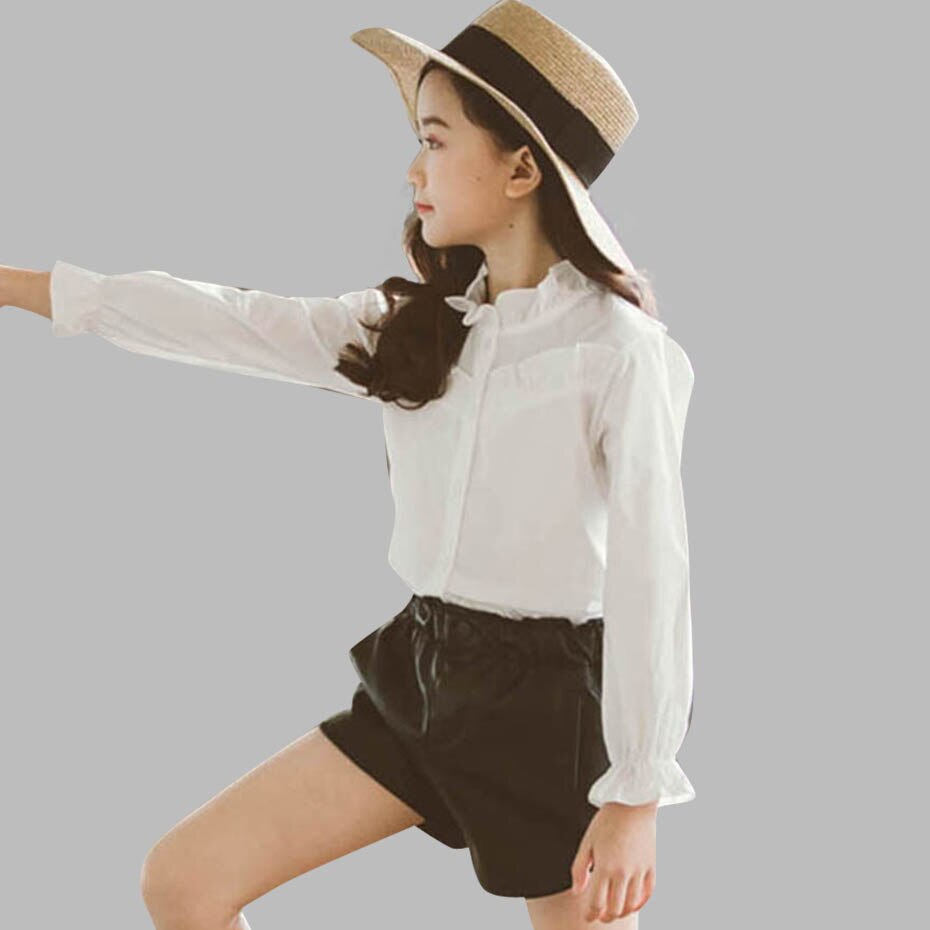 Shirt For Girl Solid White Blouse Girl Ruffle Children's Shirts For Girls School Autumn Kids Clothes Girls 6 8 10 12 14