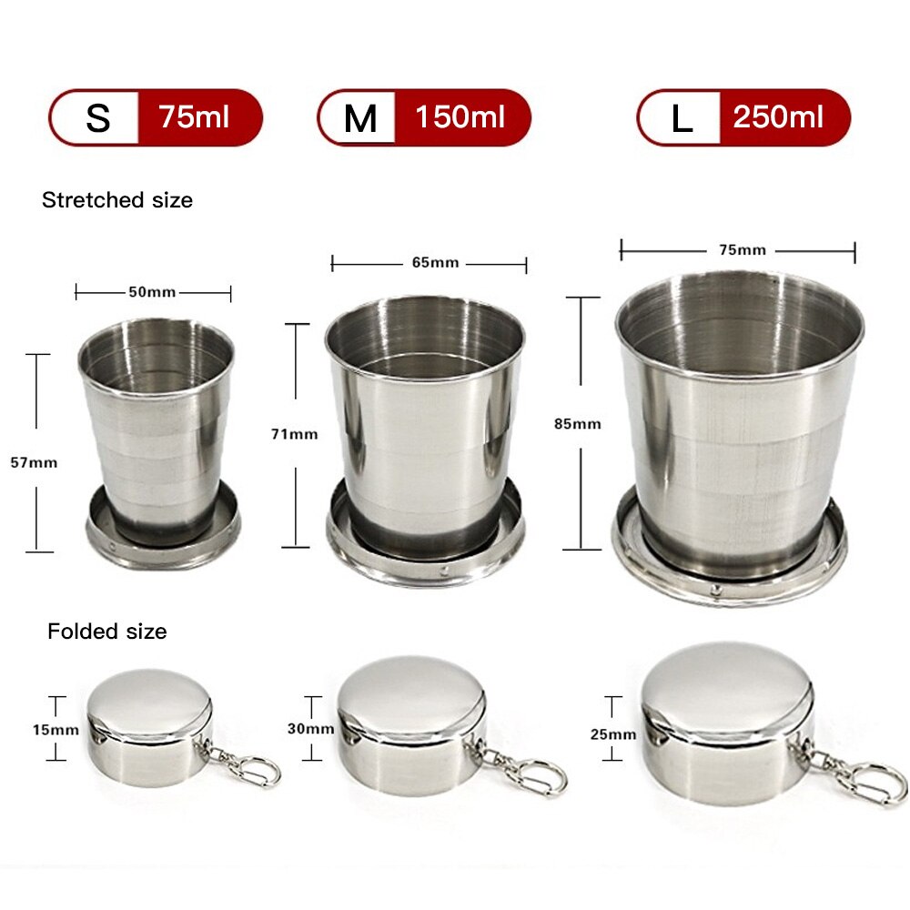 50Ml/65Ml/75Ml Rvs Folding Cup Draagbare Outdoor Reizen Camping Telescopische Cup Met Sleutelhanger water Koffie Handcup