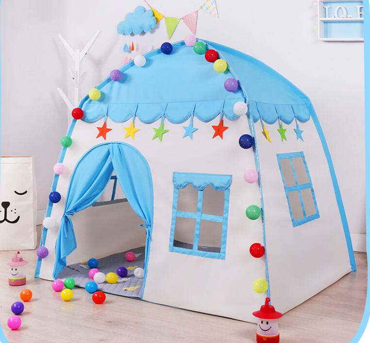Sammenklappeligt børnetelt leg folde børnetelte bold pool wigwam hus prinsesse pige legetøj legehuse værelse ude af døren sjove legetøj: Blå telt og lys