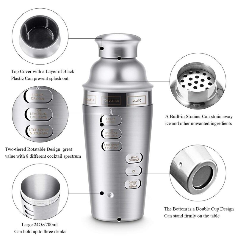 Cocktail Shaker Stainless Steel 24Oz Bar Set Kit 3Pcs Cocktail Shakers with Rotation Recipe Guide,Martini Tool Accessories Built