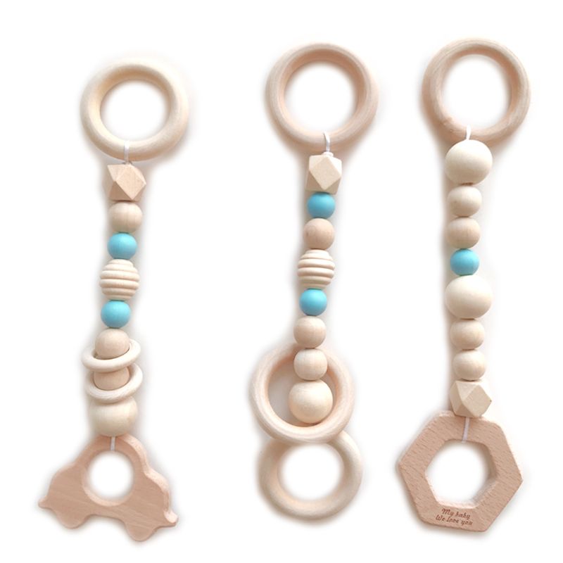 3 Pcs Nordic Style Cartoon Solid Wood Fitness Rack Pendant Children Room Decoration Baby Infants Ring-pull Toy Hanging Ornaments: Blue