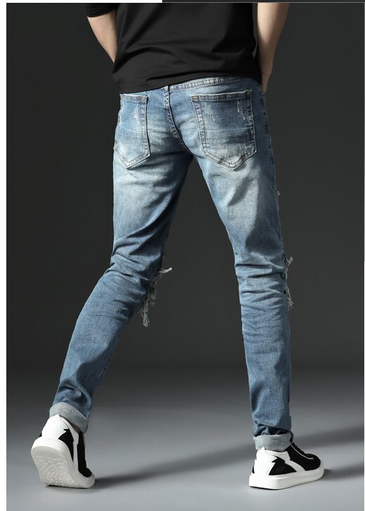 Distressed patch hole biker jeans punk rock heren slim straight jeans stretch katoenen denim gescheurde broek