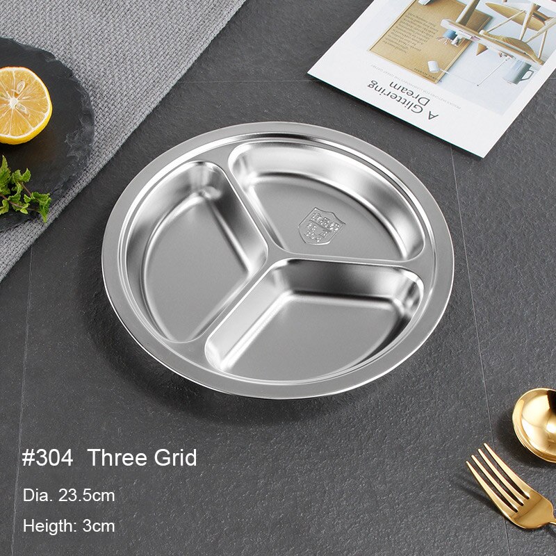 304 Stainless Steel Plate Kindergarten Plate School Adult Dishes Plate Round Shape Dining Restaurant Tray: 23.5cm Three Grid