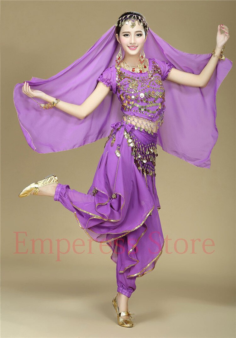 4 unids/set de traje de baile hindú para danza del vientre, conjunto de trajes de danza Oriental para actuaciones en escenario: 4pcs Purple
