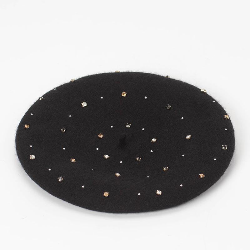 Cokk hand sy ull basker kvinnor hatt höst vinter strass basker mössa hatt kvinnlig koreansk målare mössa boina gorras vintage: Svart