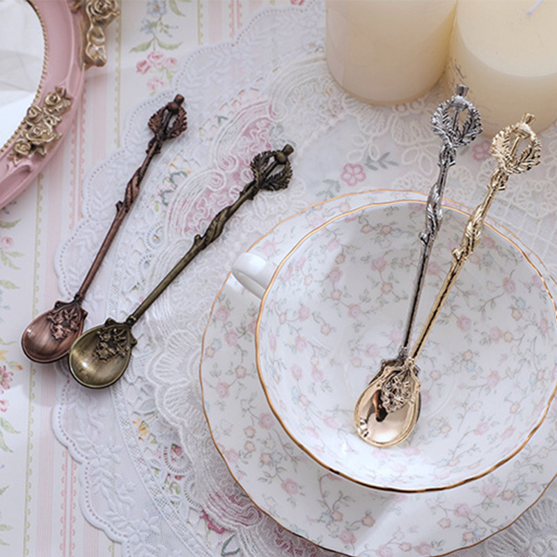 Vintage Crystal Retro Coffee Tea Spoon Carved Flower Small Spoonful Dessert Spoons Afternoon Tea Little Tableware Supplies