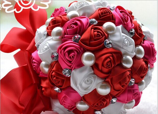 Top Cream Pink Hand Made Decorative Artificial Silk Rose Flower Bride Bridal Crystal Wedding Bouquets: Red