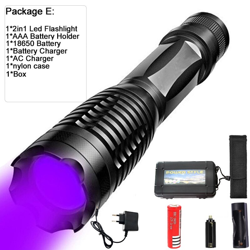 10000LM 2in1 UV + wit licht LED Zaklamp Zaklamp 395nm Ultraviolet Urine Detector voor camping Tapijt Huisdier Urine Vangen Schorpioenen: E