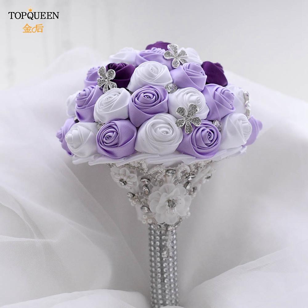 TOPQUEEN Artificial Flower Rose buque casamento Bridal Bouquet for Wedding Lavender White Gorgeous Crystal Wedding Bouquet F7