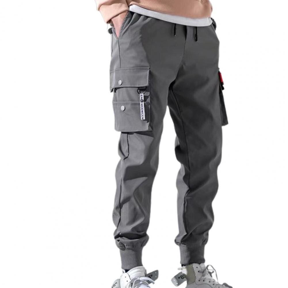 Men Drawstring Strap Elastic Waist Pants Solid Color Thin Male Men Beam Feet Cargo Pants for Daily Life