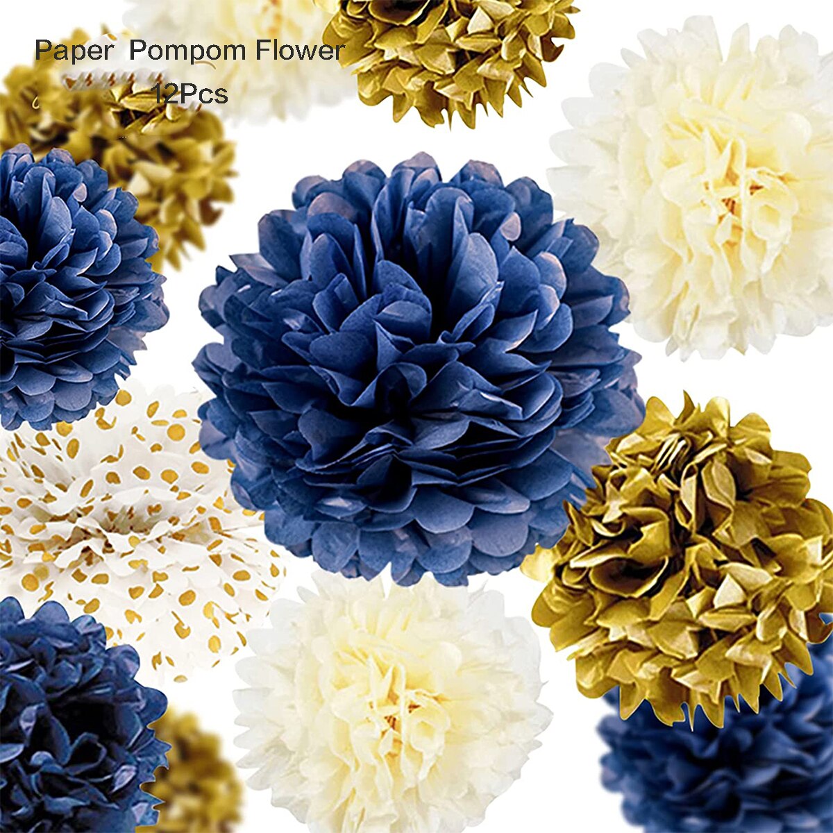 12 PCS Navy Blue Ivory Gold Tissue Paper Pom Poms Flower for Bridal Shower Wedding Boy Birthday Bachelorette Nursery Decorations