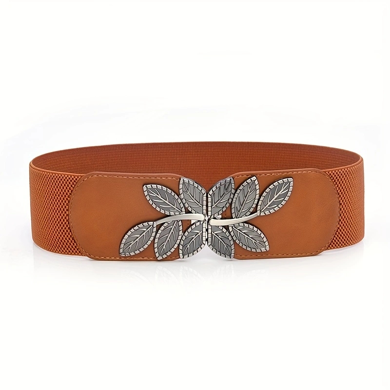 Cinture larghe con fibbia a foglia Vintage ▾ cintura elastica classica in vita tinta unita elegante cintura per cappotto per donna: marrone