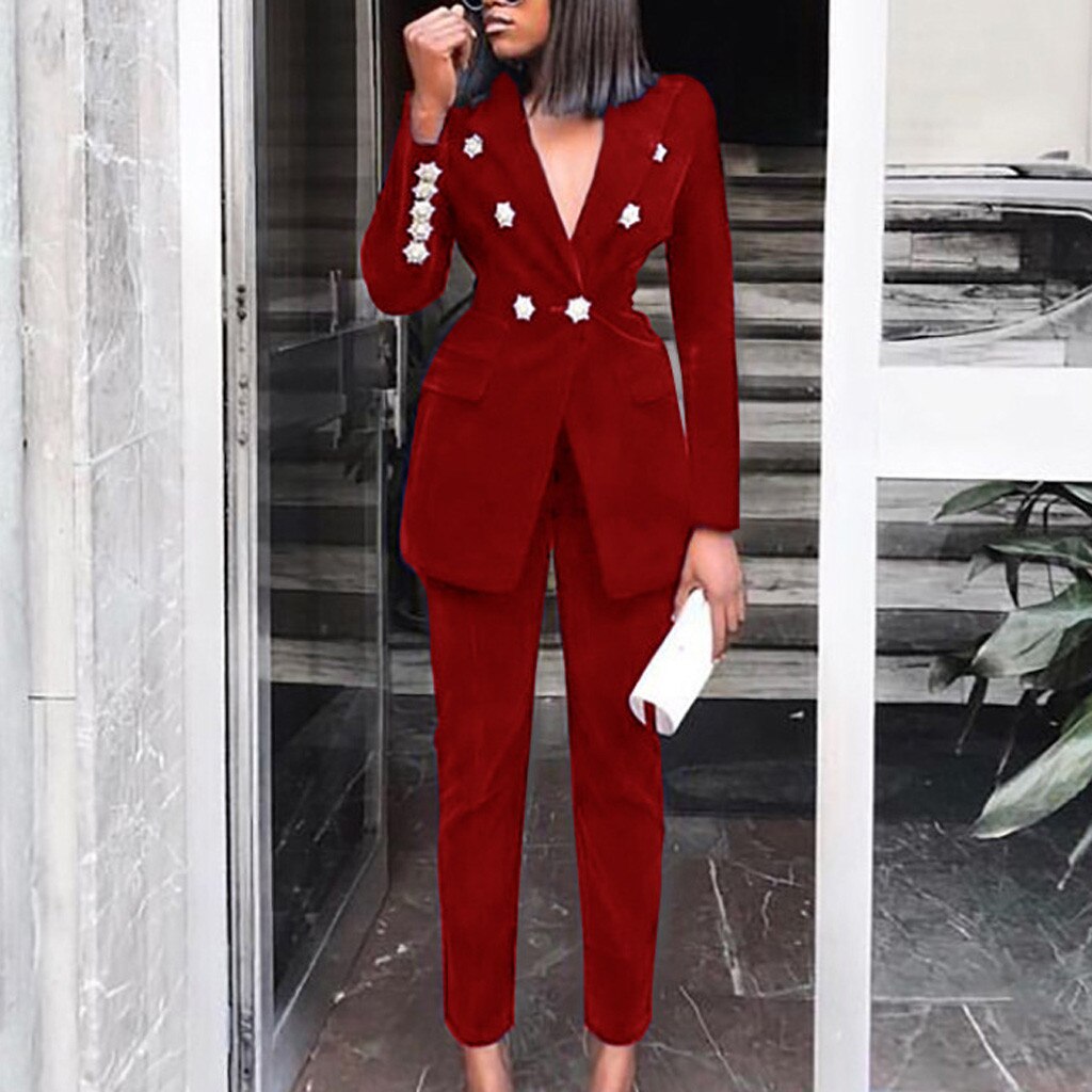 2pcs Women's Suit V-neck Solid Color Long-sleeved Trousers Suit Button Women Suits & Sets Office Ladies Wear G3