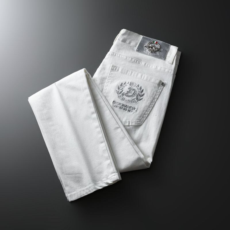 Men&#39;s White Slim Jeans Advanced Stretch Embroidery Decoration Denim Trousers Male Brand Pants 38