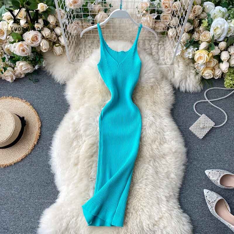 Yuoomuoo Solid V-hals Sexy Spaghetti Bandje Tank Jurk Vrouwen Zomer Mouwloze Bodycon Jurk Basic Elastische Dames Gebreide Jurk: Sky Blue