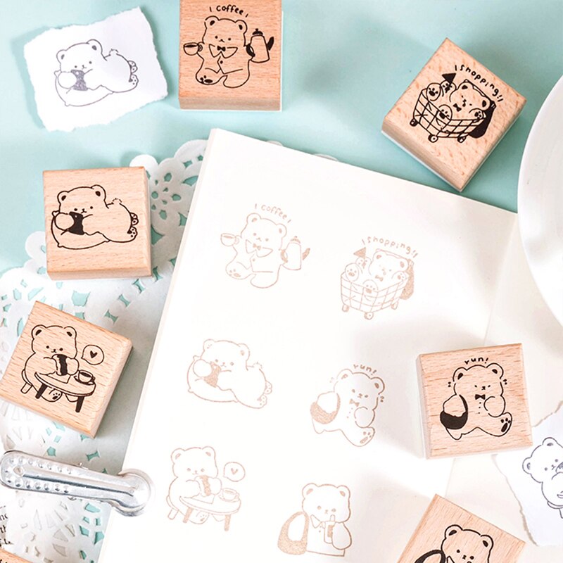 Leuke Cartoon Beer Werknemer Serie Decoratie Stempel Houten Stempels Voor Scrapbooking Briefpapier Diy Craft Standaard Stempel