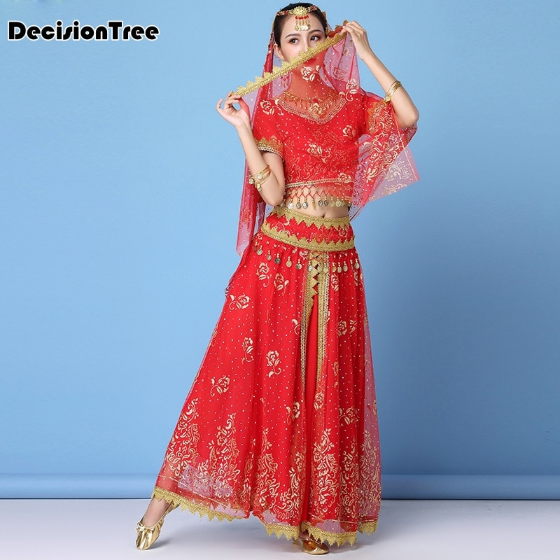 vêtements de danse femmes performance indien sari tenue bollywood danse du ventre costumes ensemble haut + ceinture + jupe + voile + casque