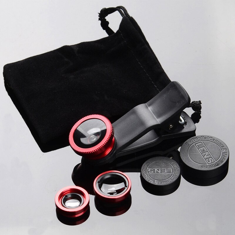 Universele 3 in 1 macro fisheye lens camera mobiele telefoon lenzen fisheye lenzen voor iphone smartphone accessoire: Rood