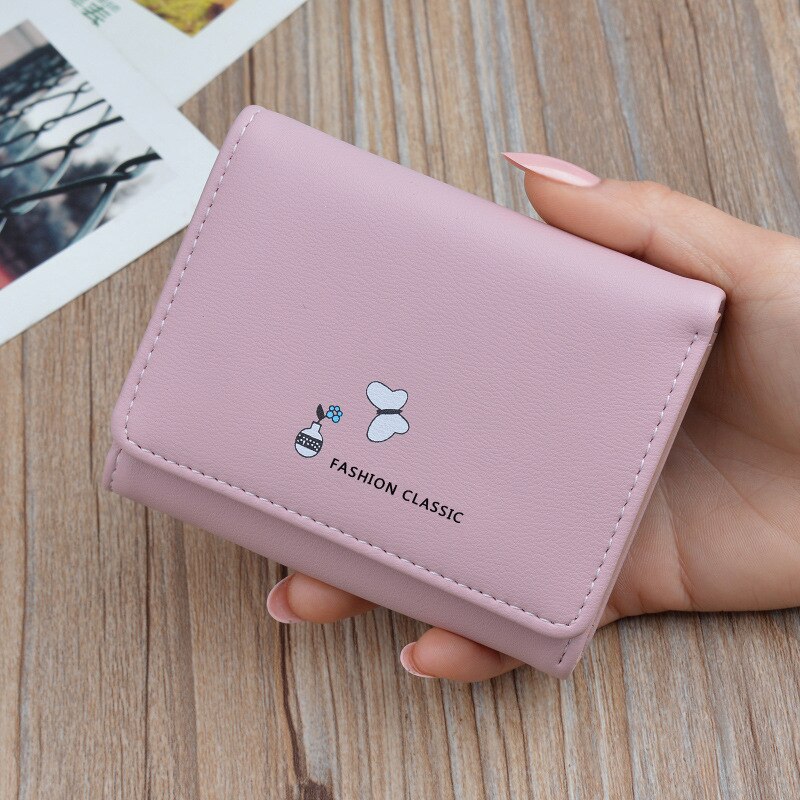 Portefeuille femme court Tri-fold porte-monnaie sac japonais coréen multi-fonctionnel cuir portefeuille filles porte-carte: Pink