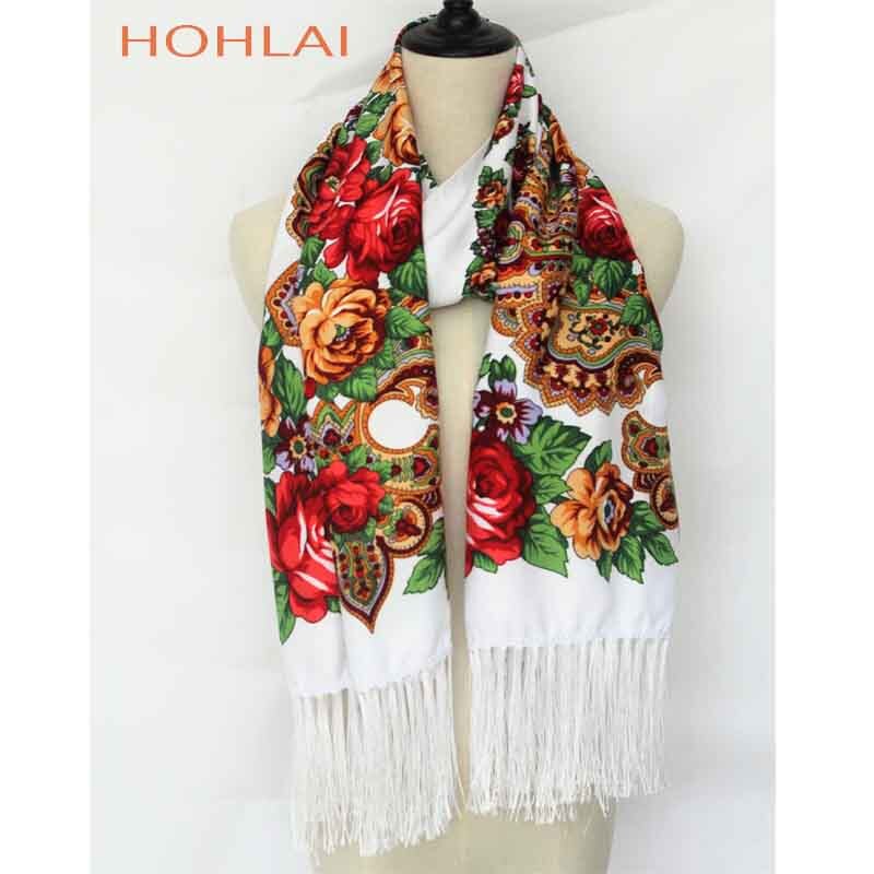 Foulard Long Femme à Franges - Imprimé Floral - Mélange Coton - Plus de 175cm: Blanc