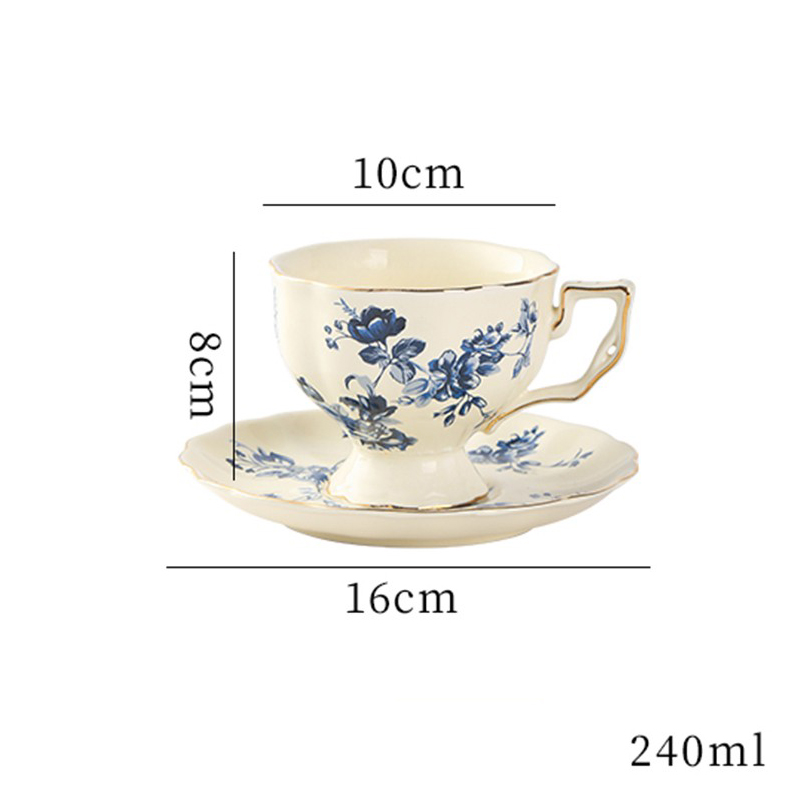 Vintage Blue Teapot Tea Cup Set Rose Ceramic English Country Coffee Cup Saucer Pot Classical Home Kitchen Dessert Cake Plate: Blue Cup Saucer