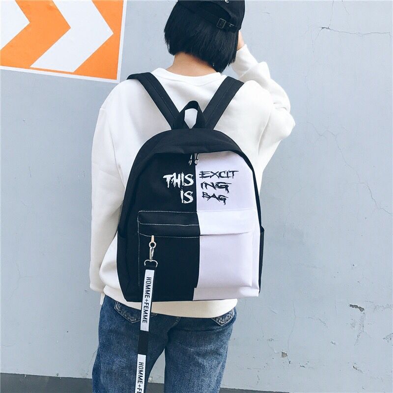 Sac à dos en noir et blanc, sac d'école coréen pour femmes, sac à dos unisexe classique en toile, cartable pour filles et garçons
