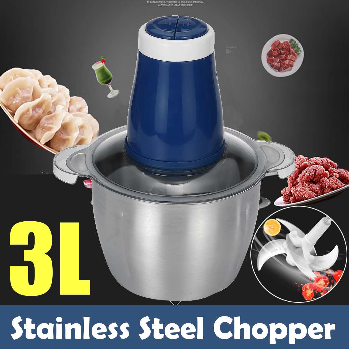 TWO SPEED 220V Stainless Steel Meat Grinder 3L Stainless Steel Meat Grinder Chopper Electric Automatic Mincing Machine Blue