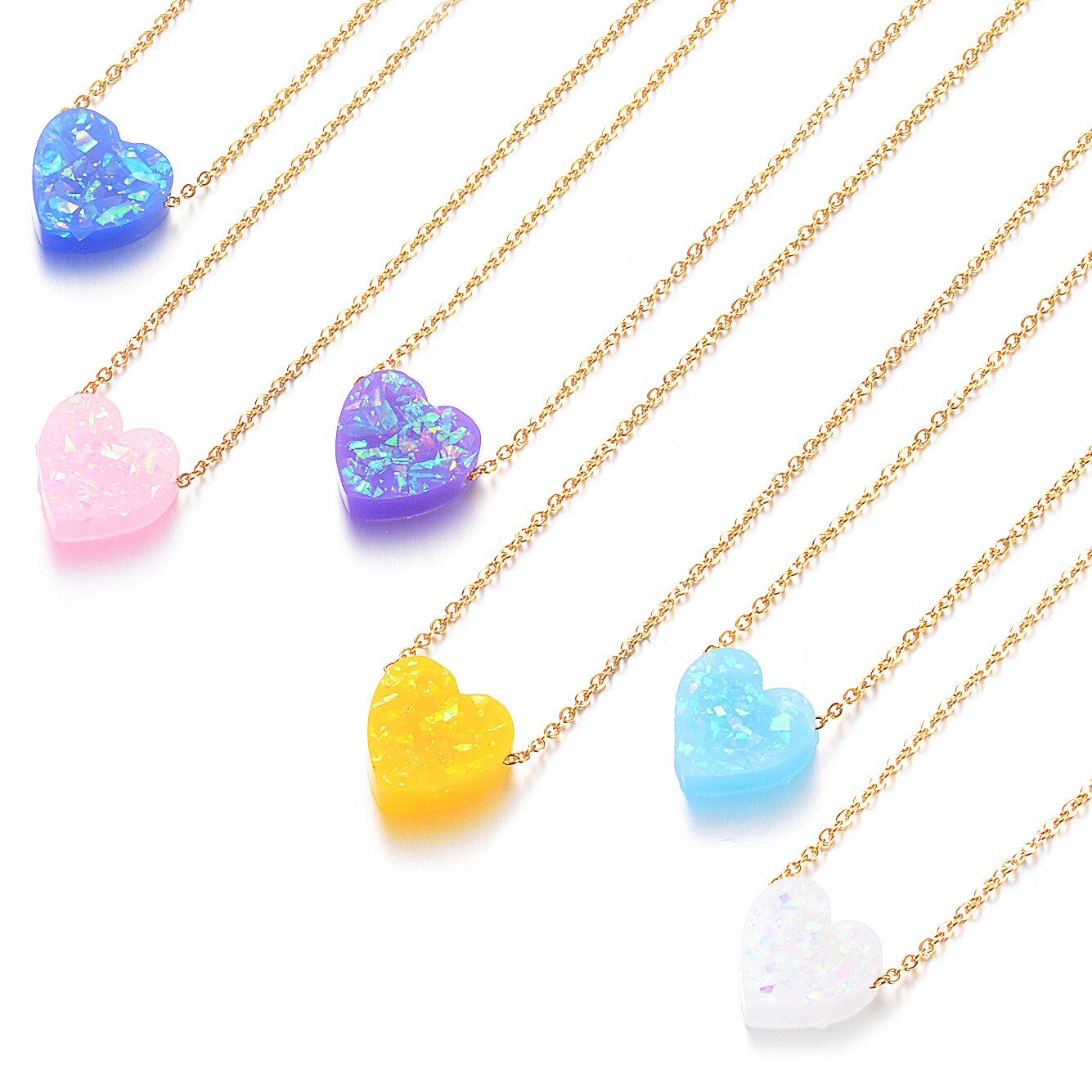 6 Colors 12mm Heart Shape Opal Stone Pendant Necklace 316L Stainless Steel Gold Chain Collar Jewelry Girlfriend