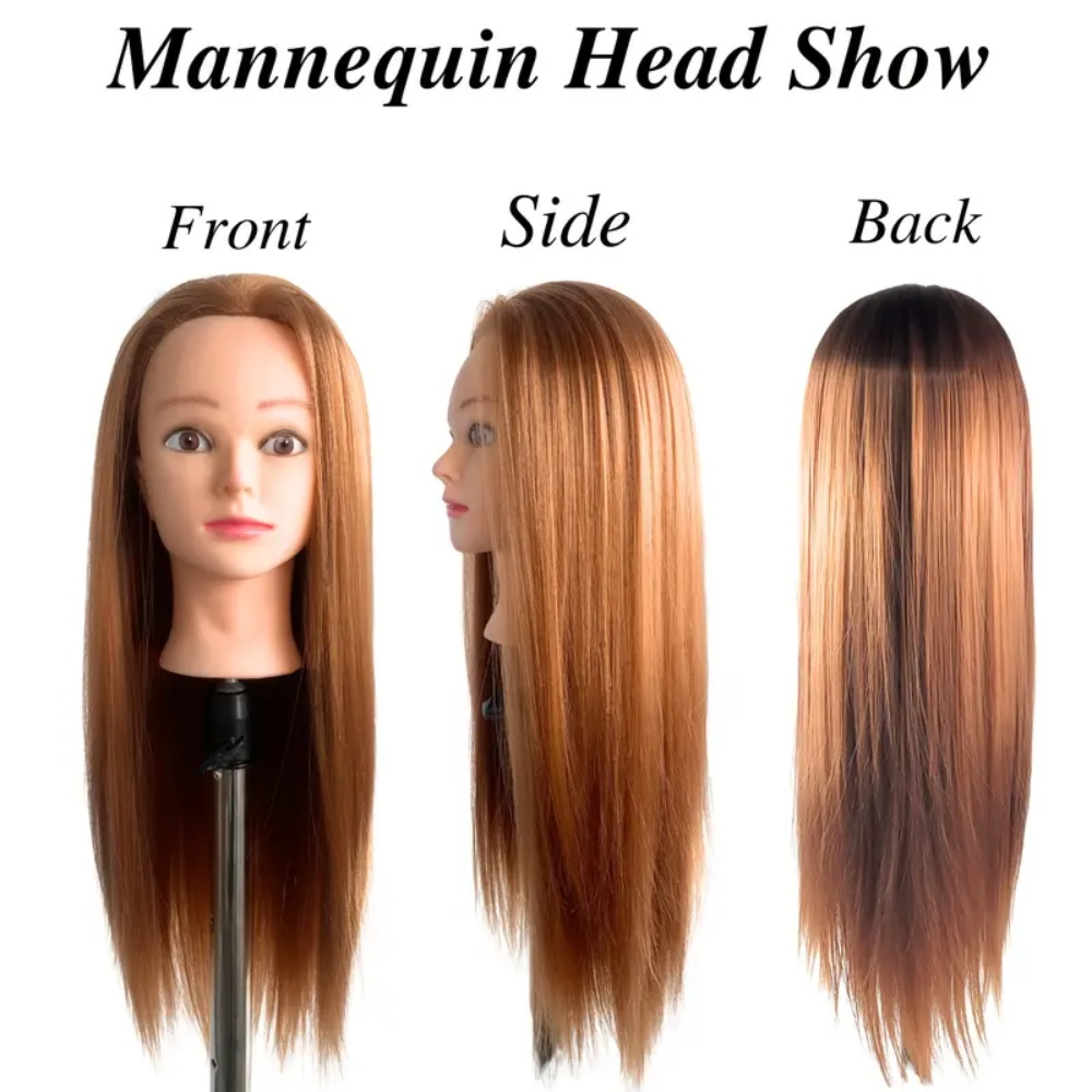 Synthetic Fiber Hairdresser Practice Styling Training Head, Human Model Doll Head, with Free Rubber Band and Hairdressing Tools