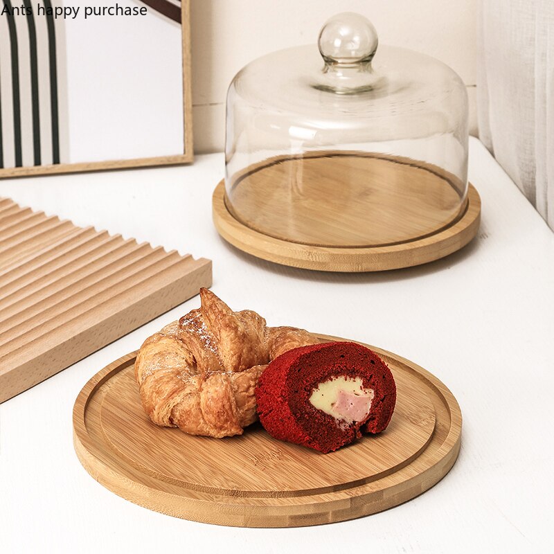 Wooden Cake Tray Glass Cover Rotatable Cake Stand Dessert Plate Bread Dim Sum Plate Cake Pan Snack Trays Decorative Display Tray