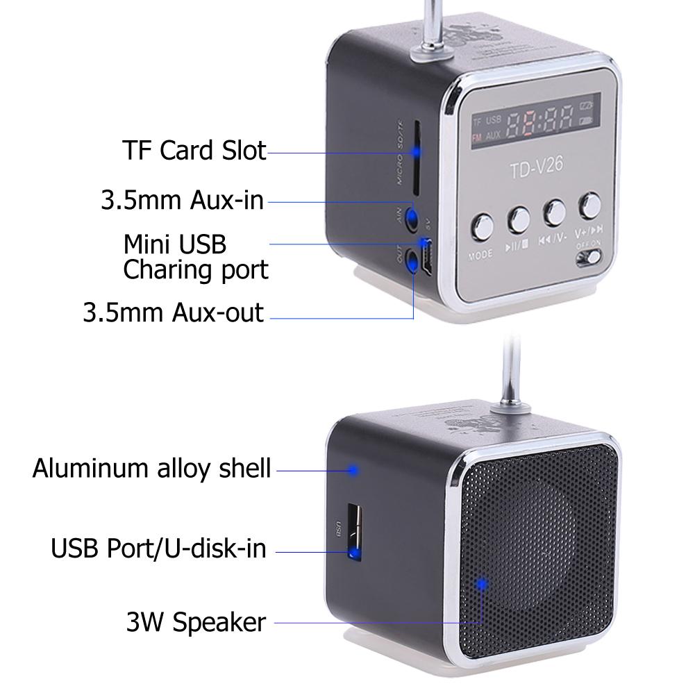 Schermo LCD a 1.0 pollici della radio di FM del mini altoparlante Stereo del gioco di deviazione standard TF del ricevitore di FM della radio di TD-V26 di alluminio