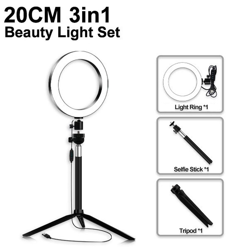 3 in 1 LED ring light 20 cm dimmable USB light for photography camera studio makeup telescopic tripod selfie frame