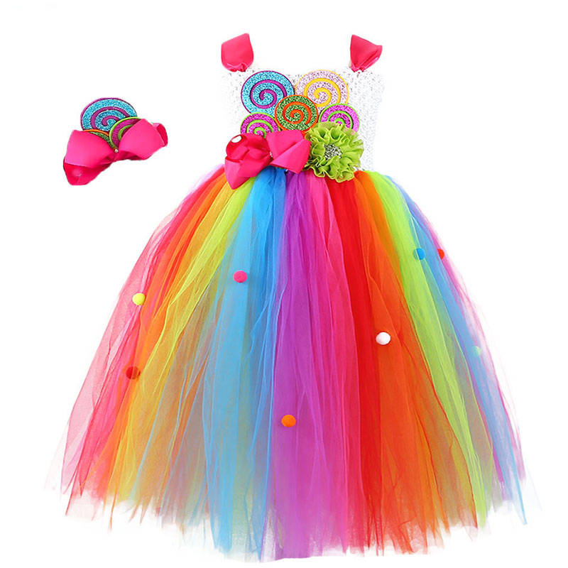 Arco Iris dulce caramelo Hada disfraz de cumpleaños niños Piruleta de arcoíris flor arco tutú vestido y Diadema para carnaval de Mardi Gras