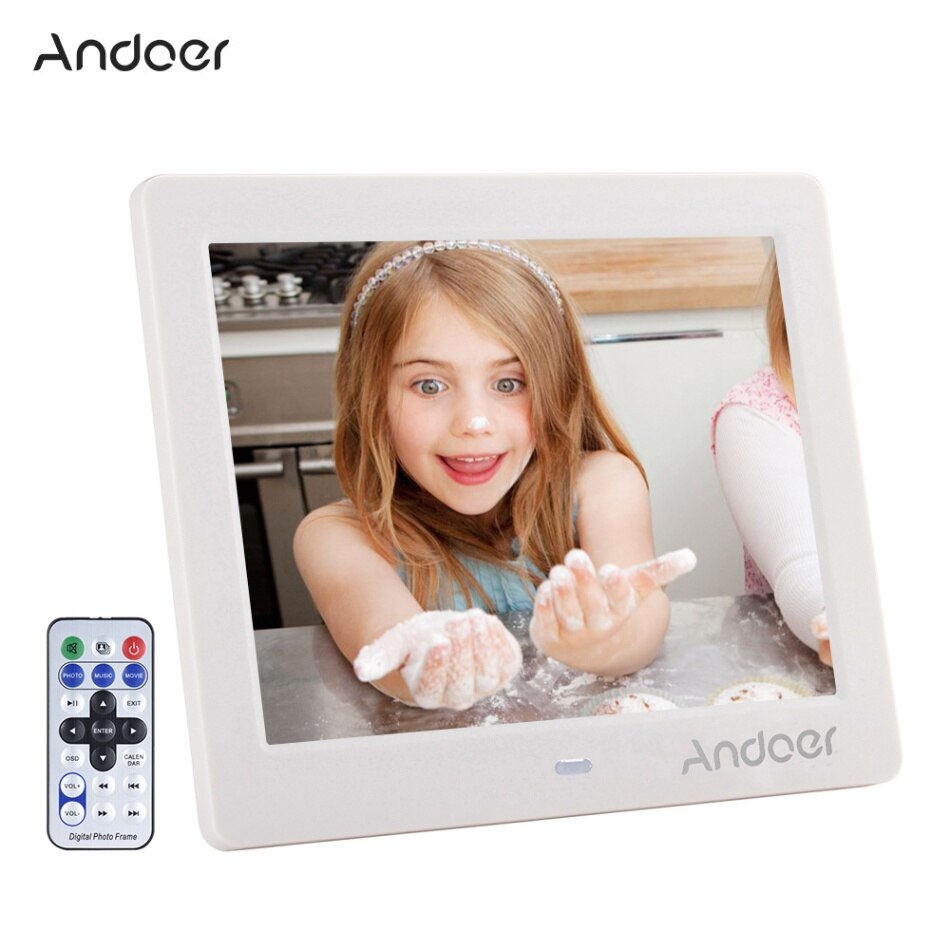 Andoer 8 "HD Wide Screen Hohe Auflösung Digital Foto Bild Rahmen Wecker MP3 MP4 Film-Player mit Fernbedienung: White / UK