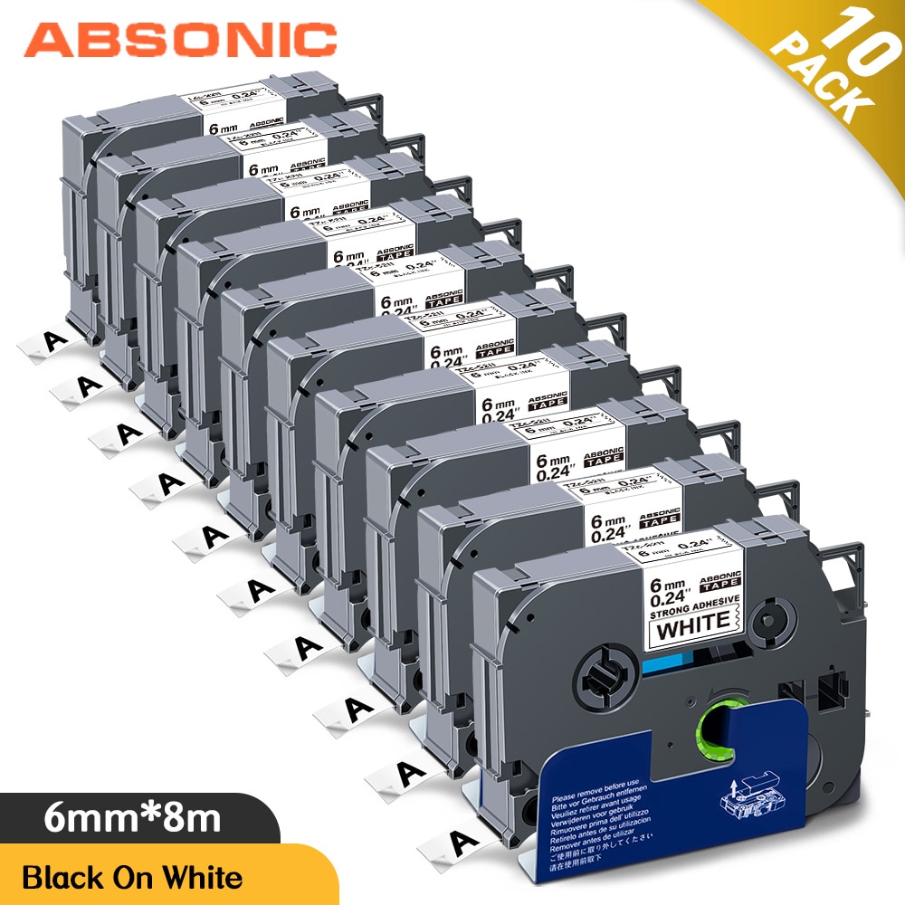 Absonic 10PK 6mm TZe-S211 nero su bianco forti nastri adesivi per etichette TZeS211 TZe S211 compatibile per la stampa di etichette p-touch Brother