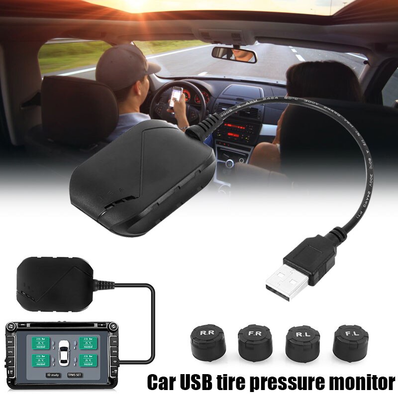 USB Android TPMS Tire Pressure Monitoring System Display Alarm System 5V Internal Sensors Android Navigation Car Radio 4 Sensors